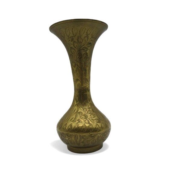 BRASS VASE Etched with Detailed Floral Motif India Vintage 6" - Picture 3 of 10